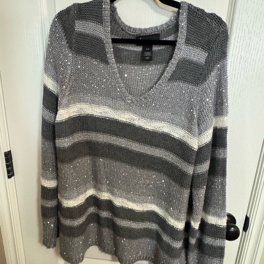 Lane Bryant Gray Striped Women’s Sweater – Soft Knit with Subtle Sparkle